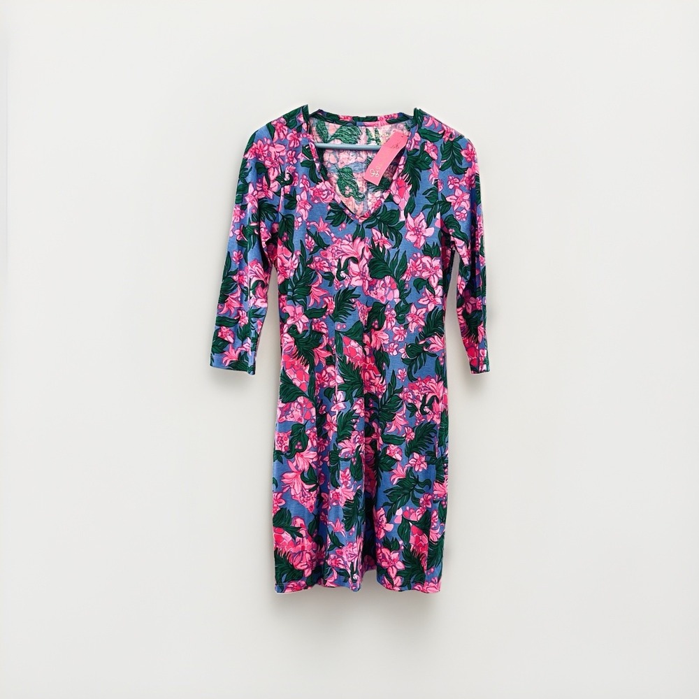 Lilly Pulitzer Tessa Dress M Cerise Pink Safari Sunset Stretch Cotton V-Neck NWT